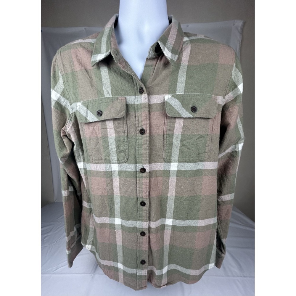 Patagonia Women 12 Fjord Organic Cotton Flannel Shirt-Green & Pink Tartan Plaid‎